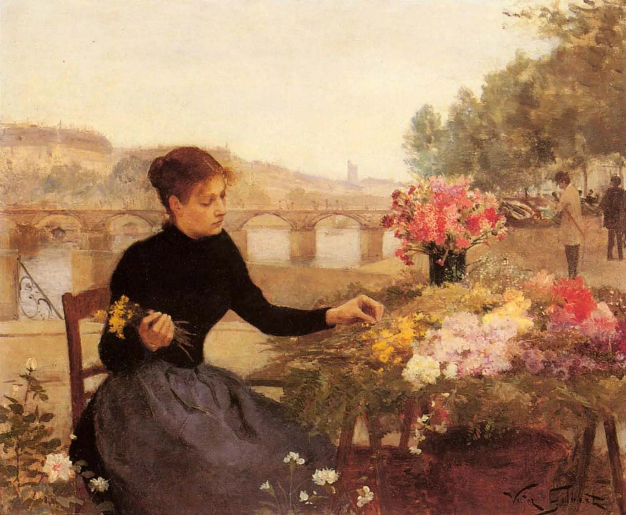 People Oil Painting - Woman Arranging Flowers by River - Oil Painting Haven