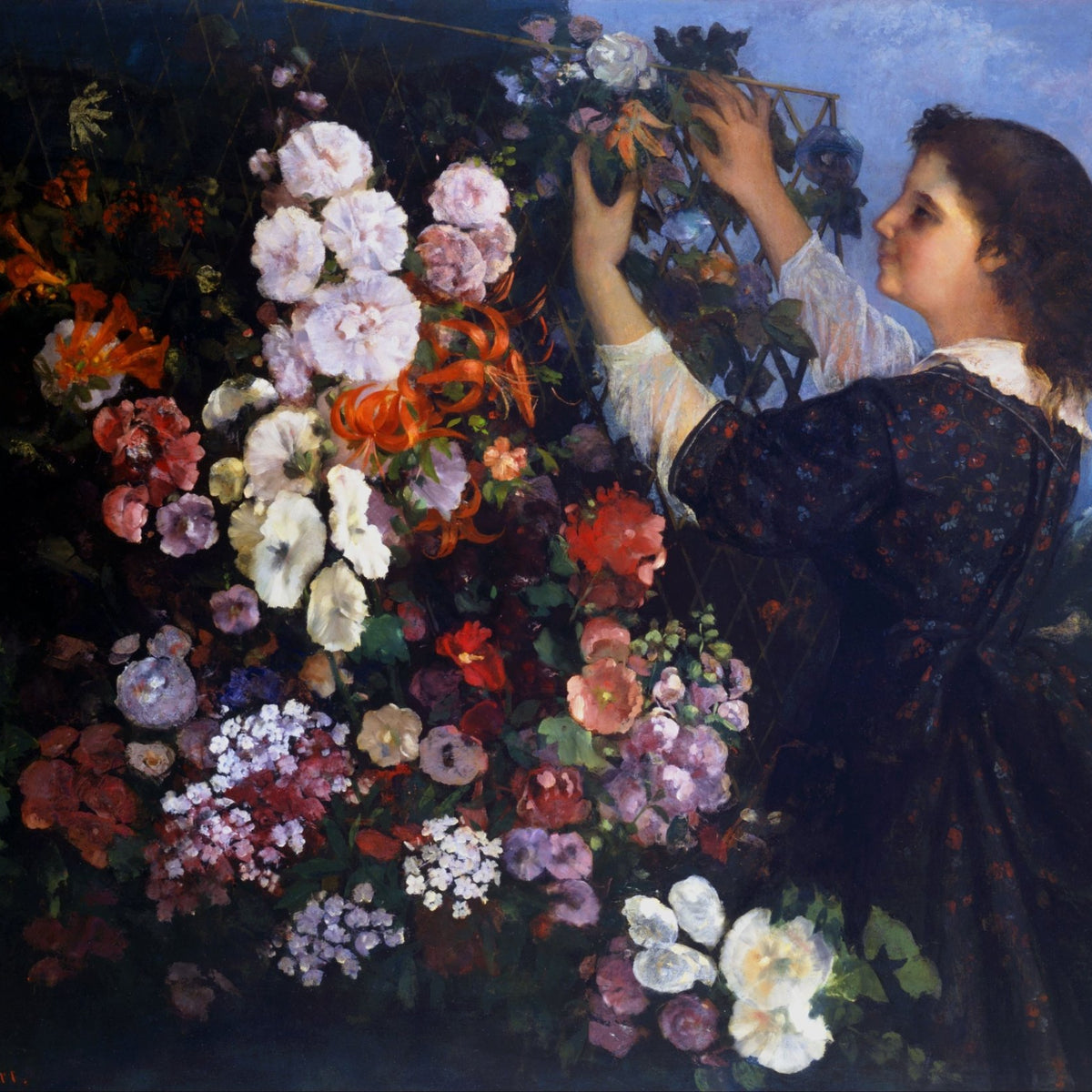 People Oil Painting - Woman Arranging Flowers in Garden - Oil Painting Haven