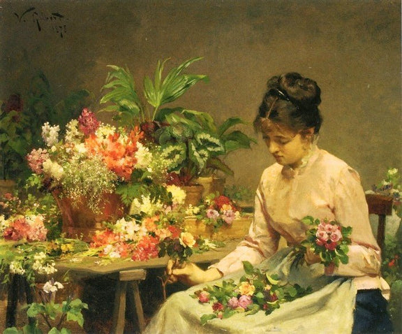 People Oil Painting - Woman Arranging Flowers Still Life - Oil Painting Haven