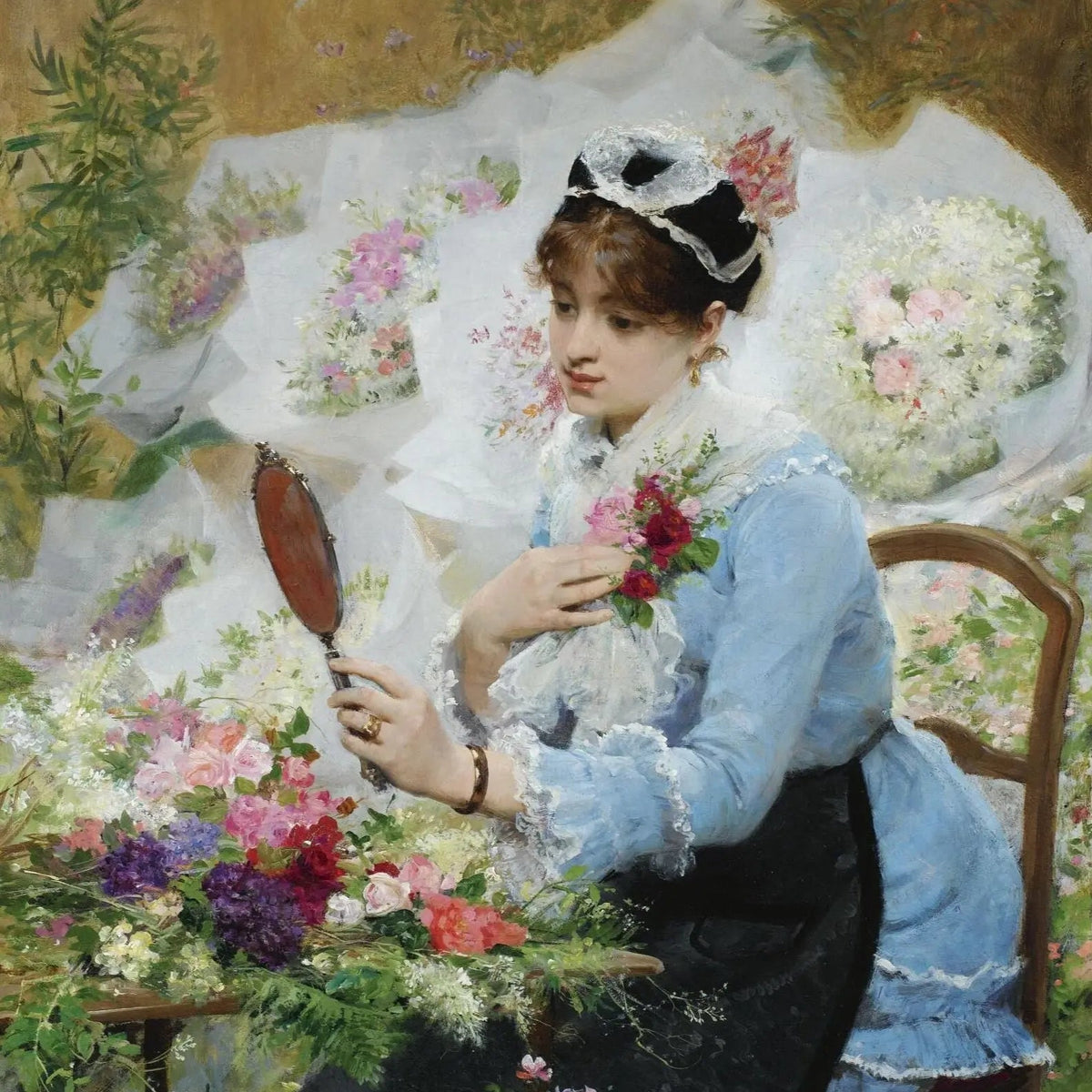 People Oil Painting - Woman Arranging Flowers with Mirror - Oil Painting Haven