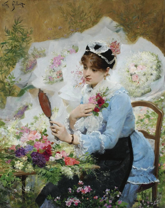 People Oil Painting - Woman Arranging Flowers with Mirror - Oil Painting Haven