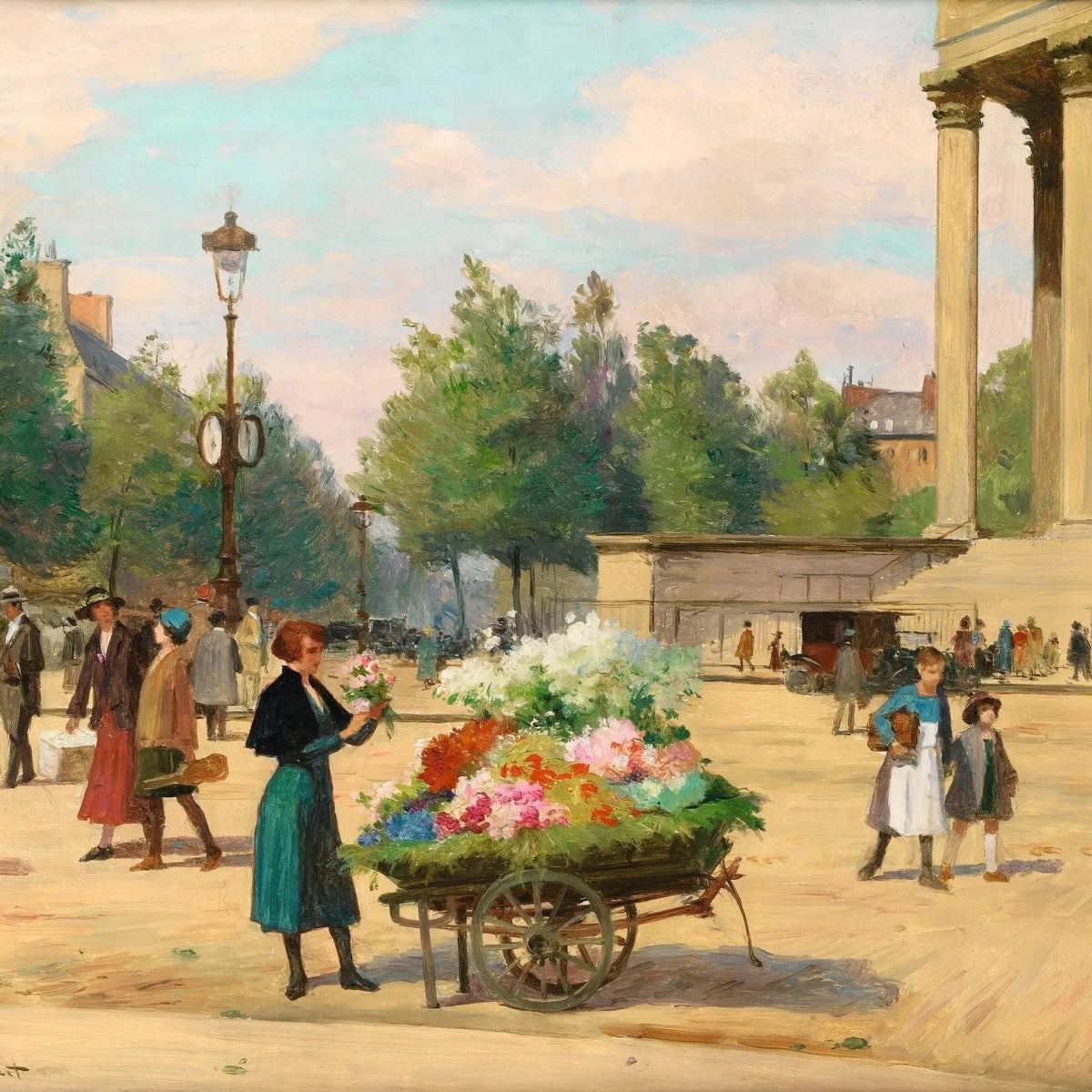 People Oil Painting - Woman at Flower Cart in Square - Oil Painting Haven