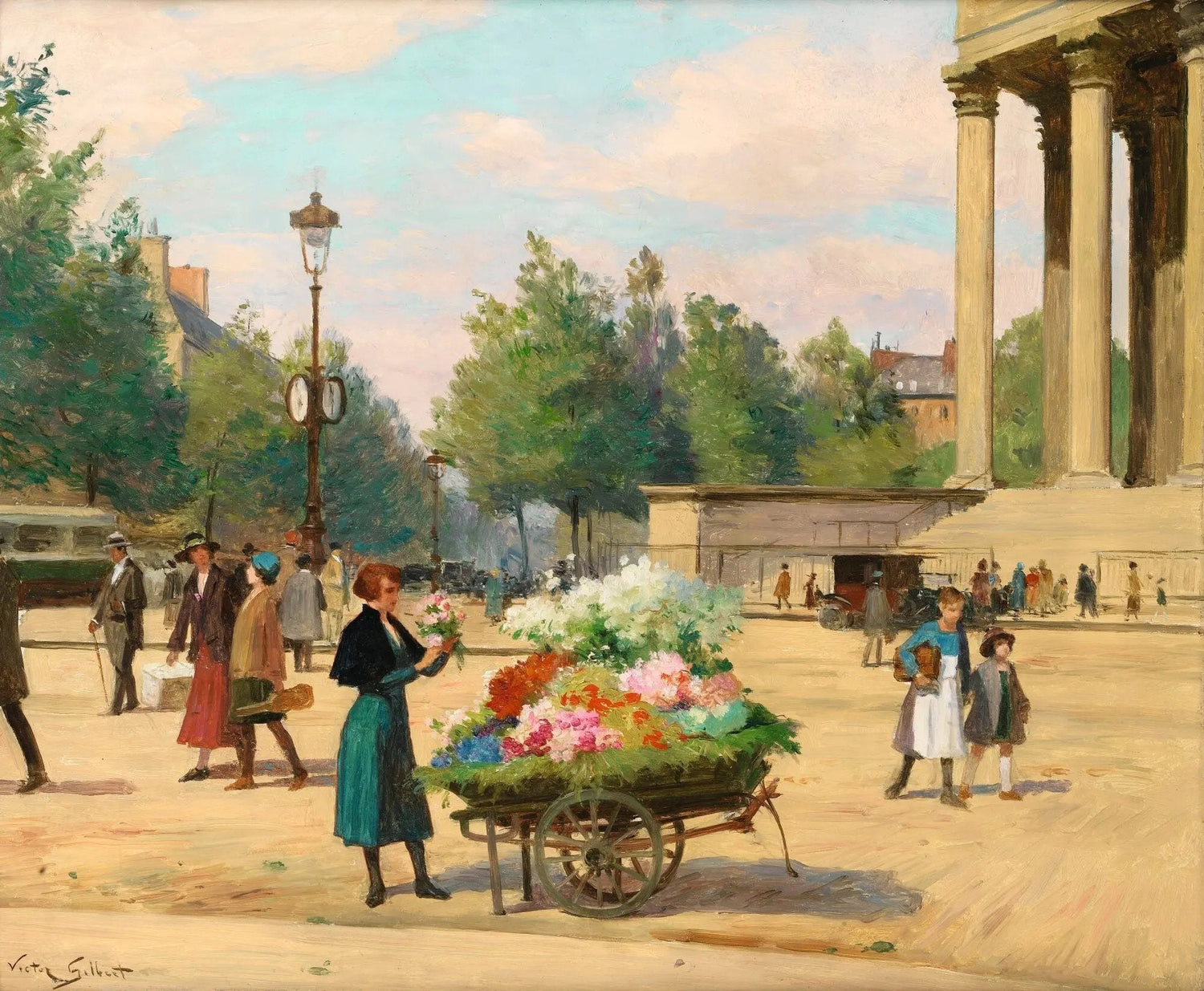 People Oil Painting - Woman at Flower Cart in Square - Oil Painting Haven