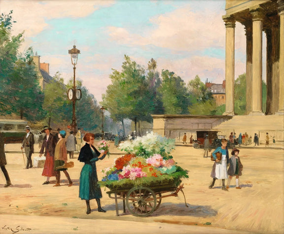 People Oil Painting - Woman at Flower Cart in Square - Oil Painting Haven