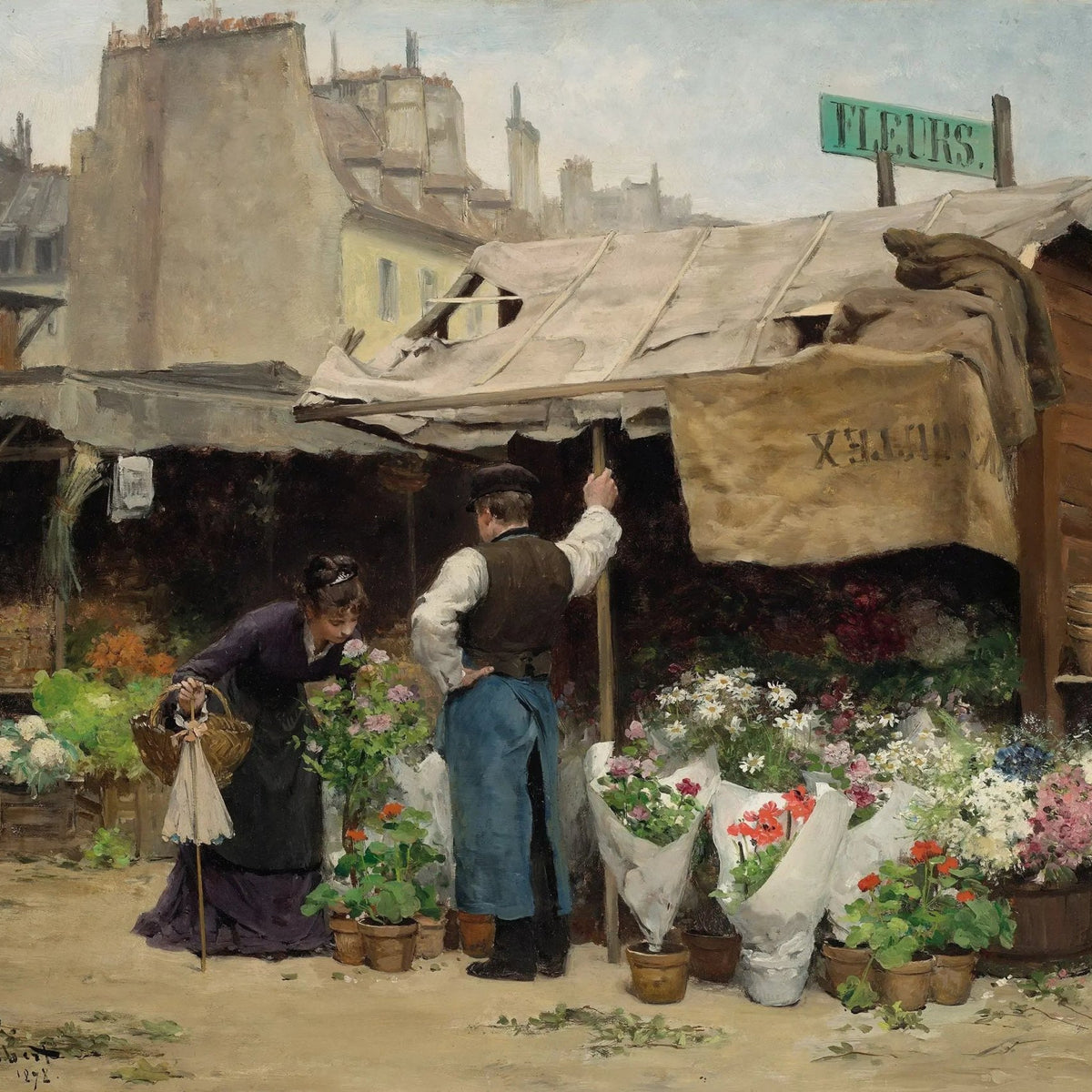 People Oil Painting - Woman at Flower Stall - Oil Painting Haven