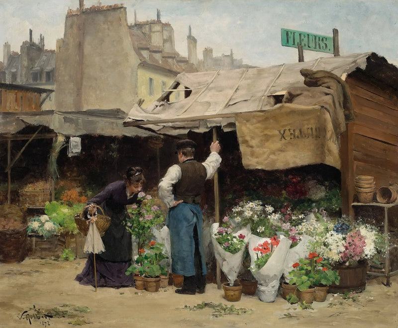 People Oil Painting - Woman at Flower Stall - Oil Painting Haven