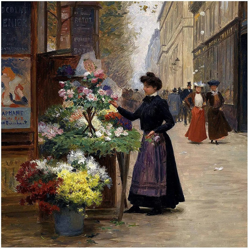 People Oil Painting - Woman at Street Flower Stall - Oil Painting Haven