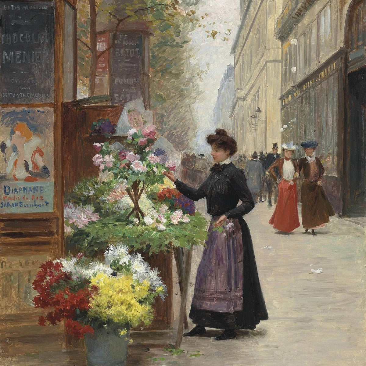 People Oil Painting - Woman at Street Flower Stand - Oil Painting Haven