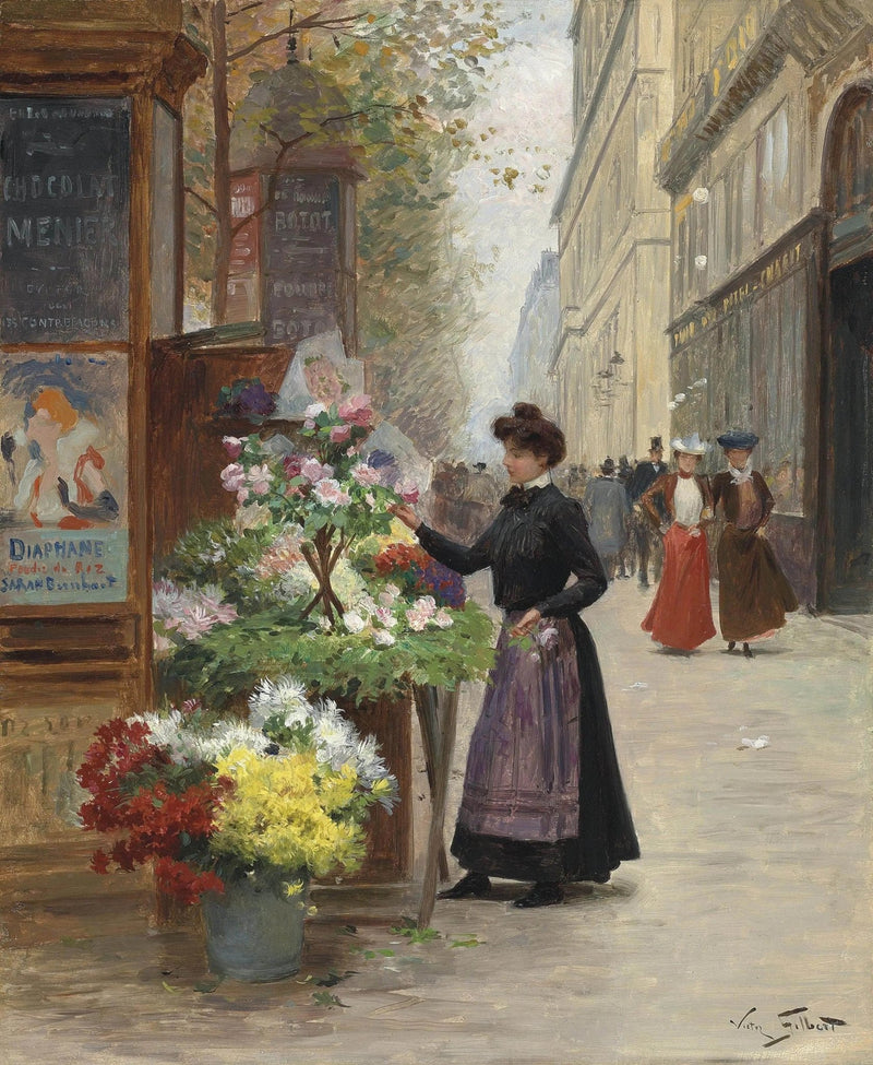 People Oil Painting - Woman at Street Flower Stand - Oil Painting Haven