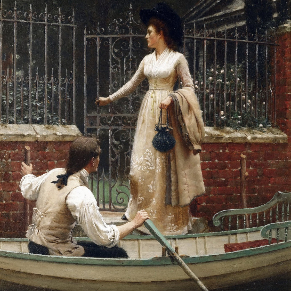 People Oil Painting - Woman Boarding Boat at Garden Gate - Oil Painting Haven