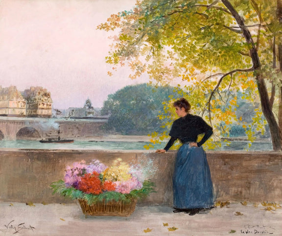 People Oil Painting - Woman by Riverside with Flowers - Oil Painting Haven