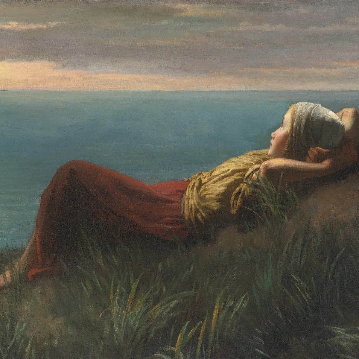 People Oil Painting - Woman by Seaside at Dusk - Oil Painting Haven