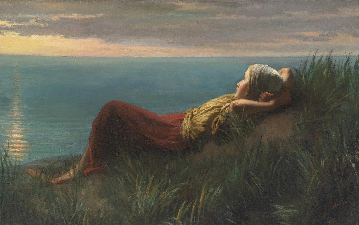 People Oil Painting - Woman by Seaside at Dusk - Oil Painting Haven