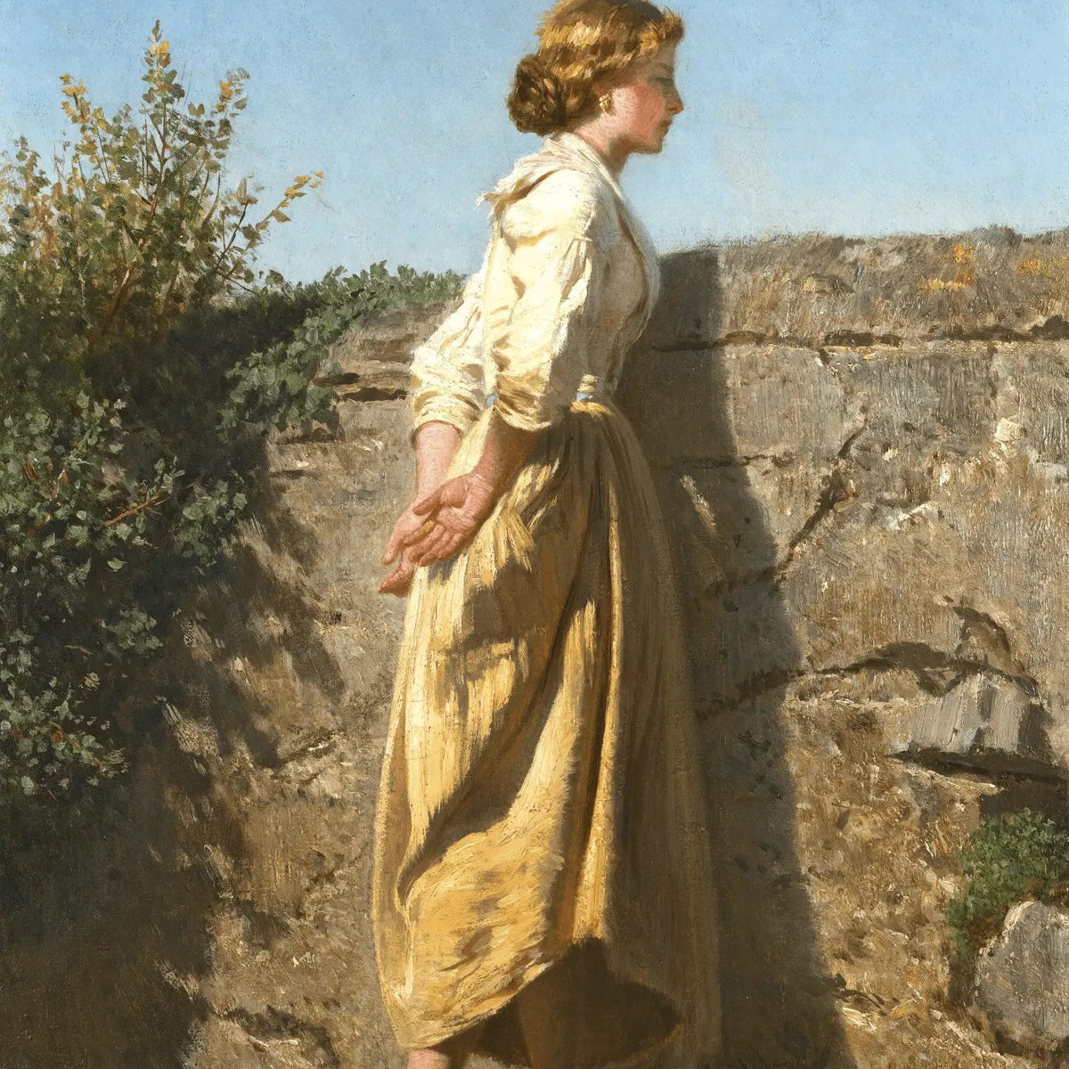 People Oil Painting - Woman by Stone Wall in Landscape - Oil Painting Haven
