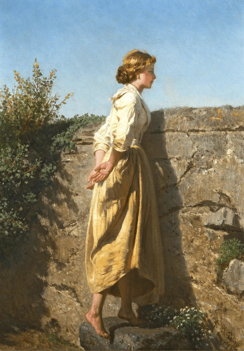 People Oil Painting - Woman by Stone Wall in Landscape - Oil Painting Haven