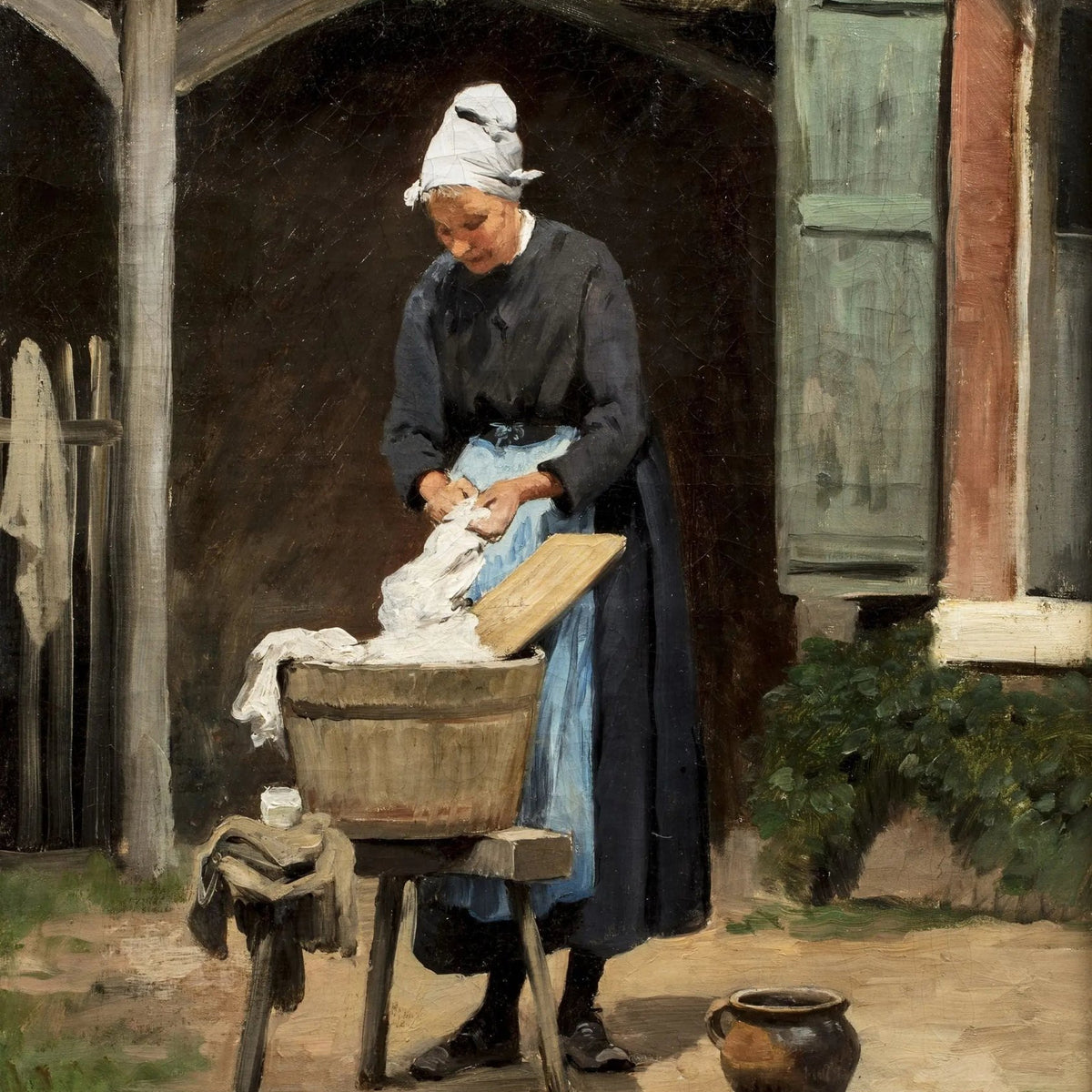 People Oil Painting - Woman Doing Laundry Outdoors - Oil Painting Haven