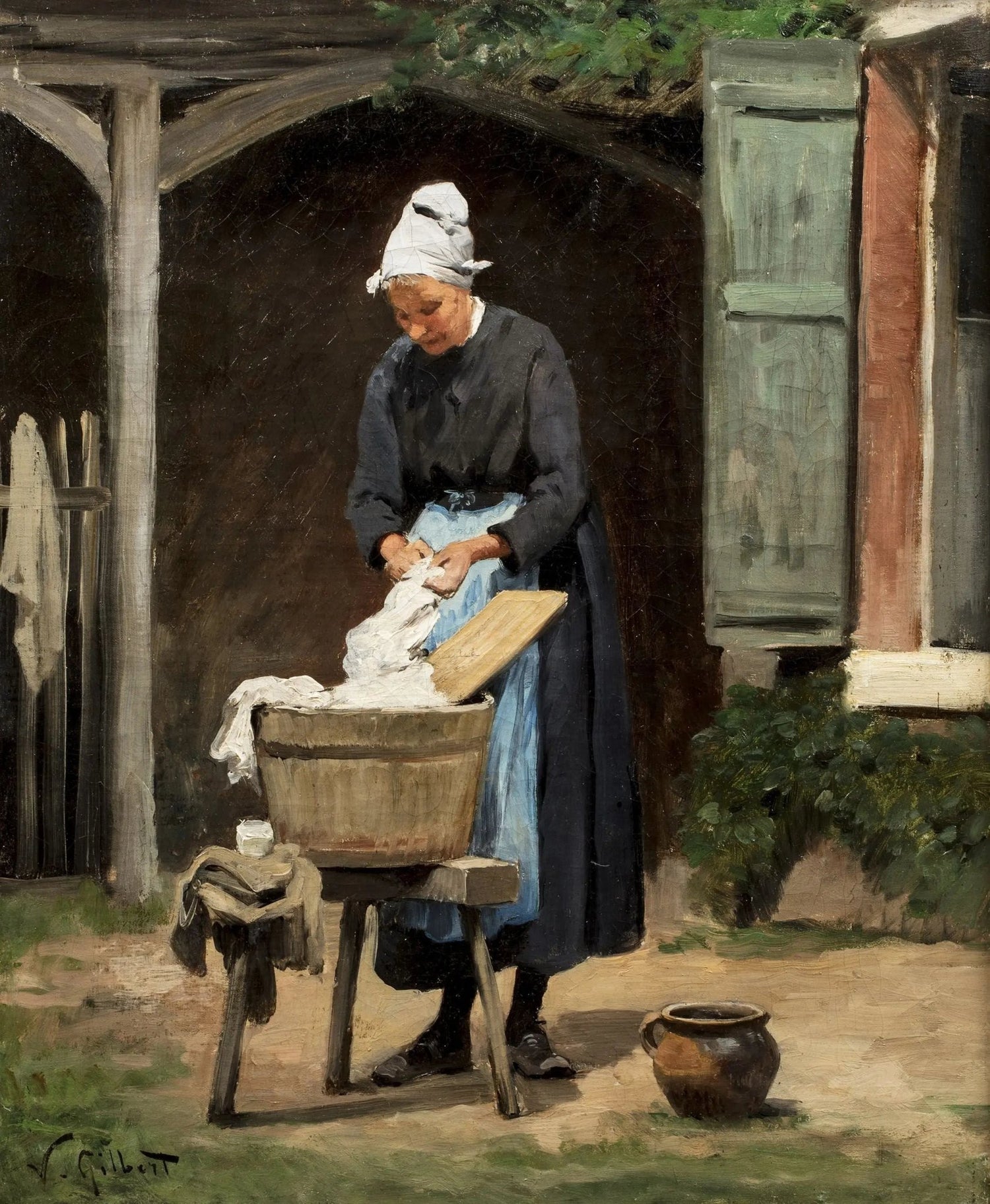 People Oil Painting - Woman Doing Laundry Outdoors - Oil Painting Haven