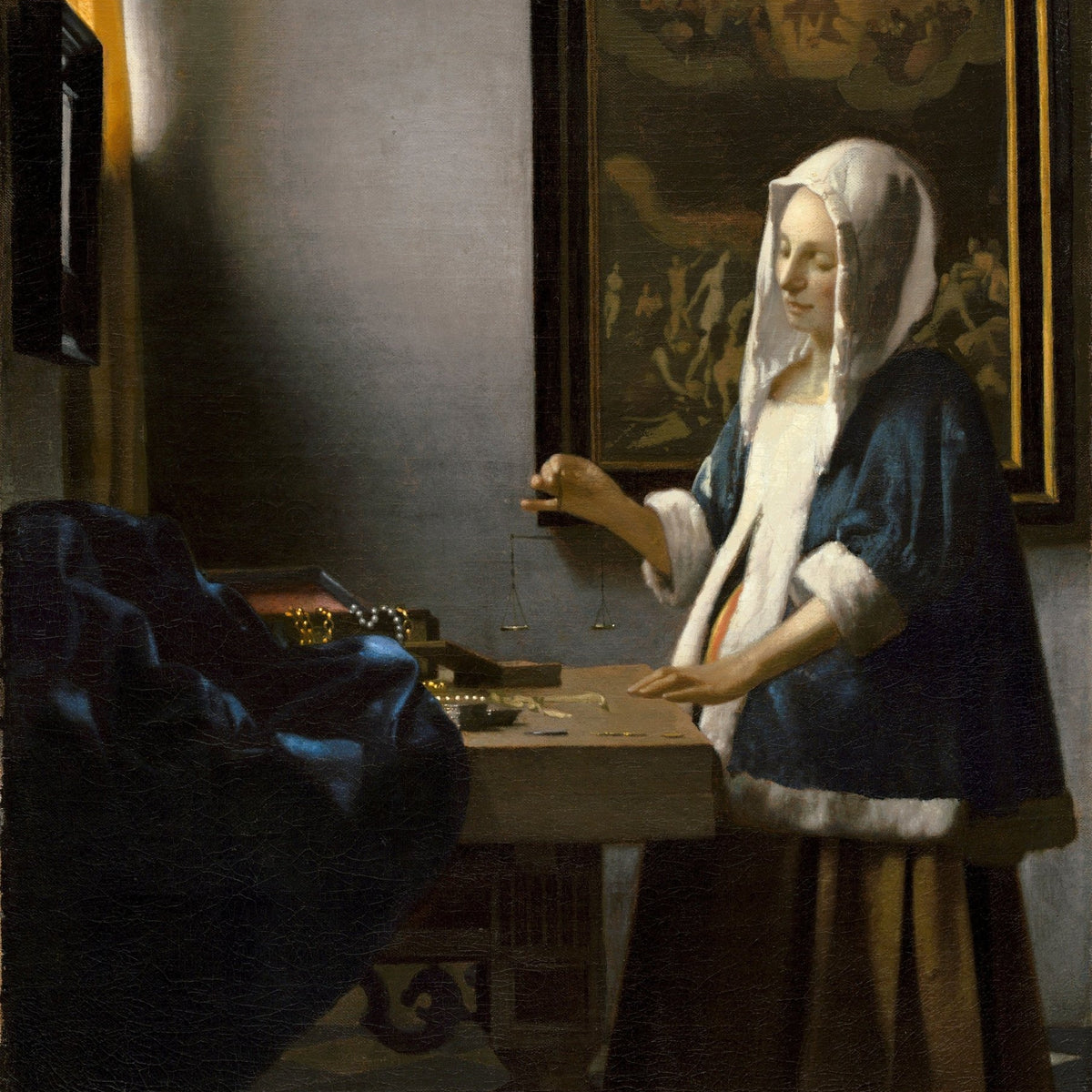 People Oil Painting - Woman Holding Balance Interior Scene - Oil Painting Haven