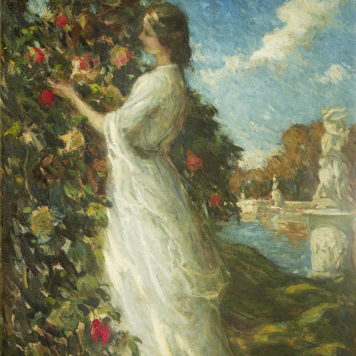 People Oil Painting - Woman in a Rose Garden by a Fountain - Oil Painting Haven