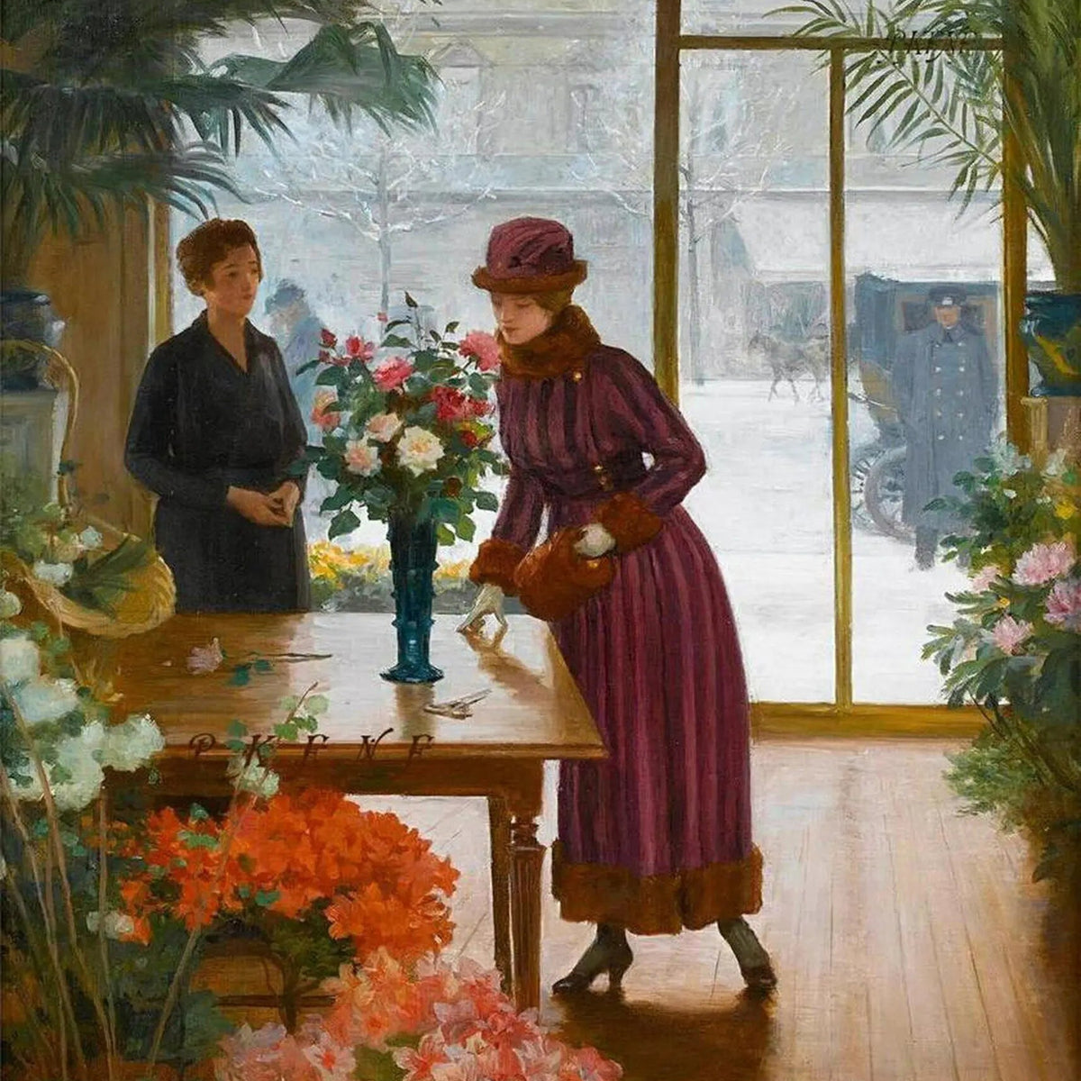 People Oil Painting - Woman in Indoor Flower Shop - Oil Painting Haven