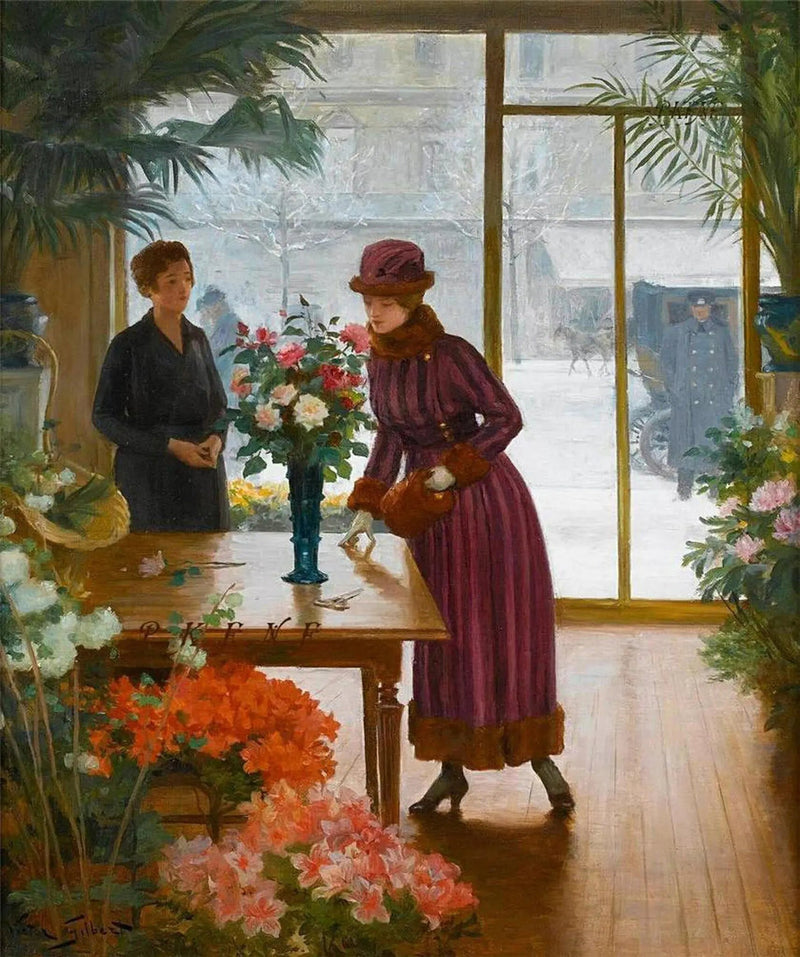 People Oil Painting - Woman in Indoor Flower Shop - Oil Painting Haven
