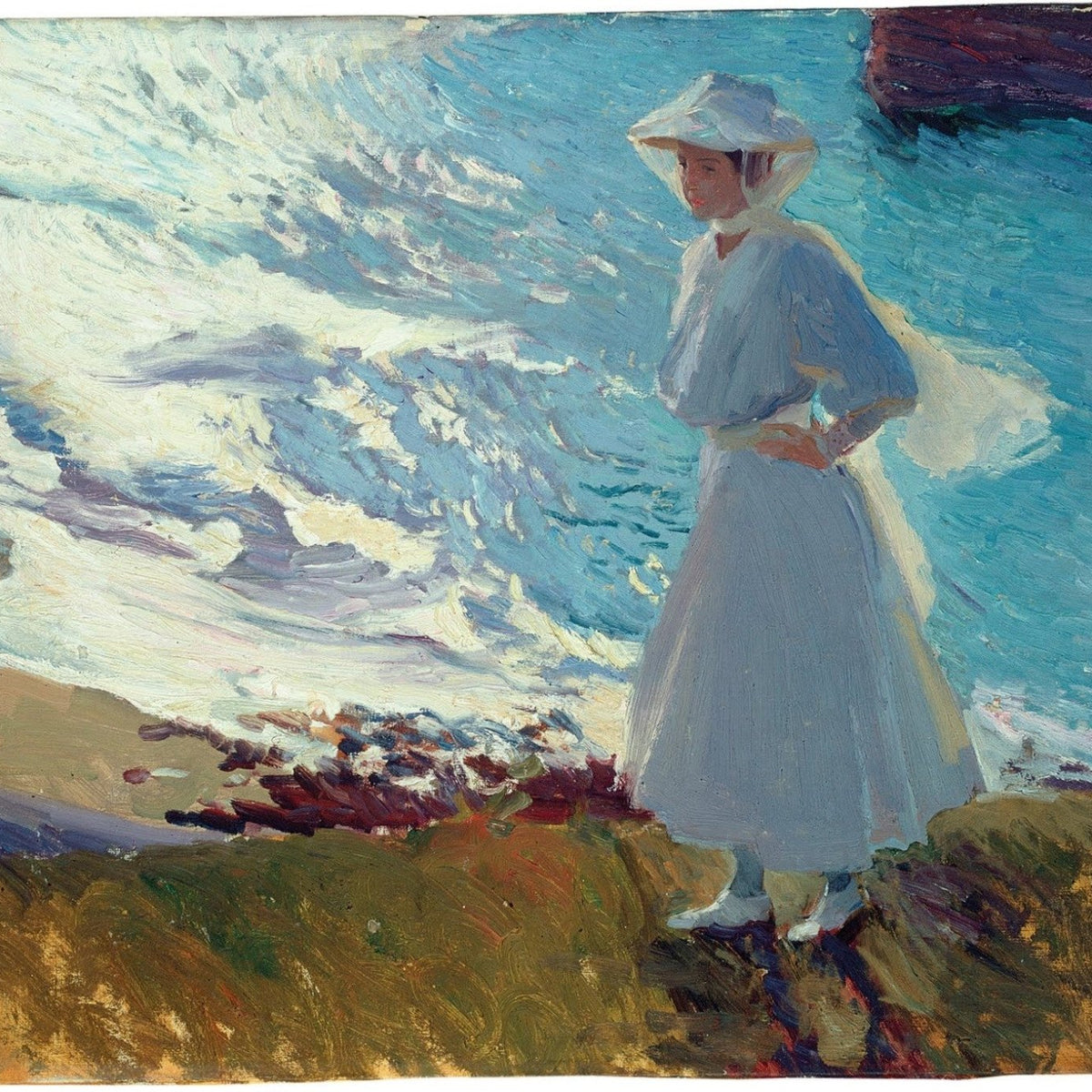 People Oil Painting - Woman in White by Ocean Waves Scene - Oil Painting Haven