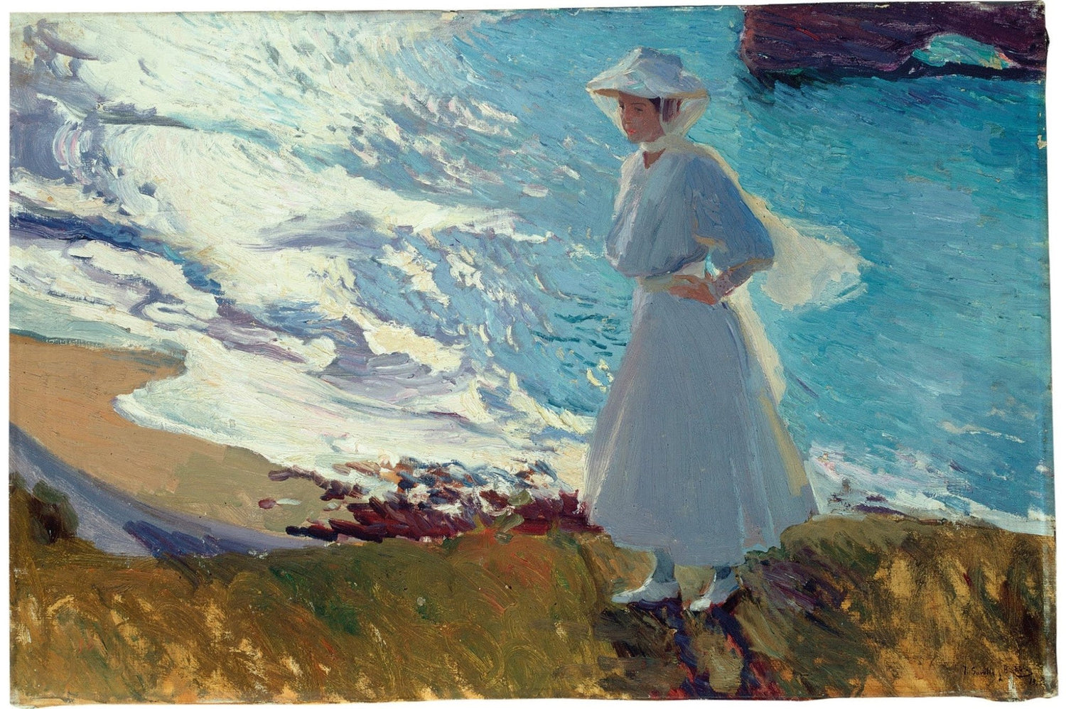 People Oil Painting - Woman in White by Ocean Waves Scene - Oil Painting Haven