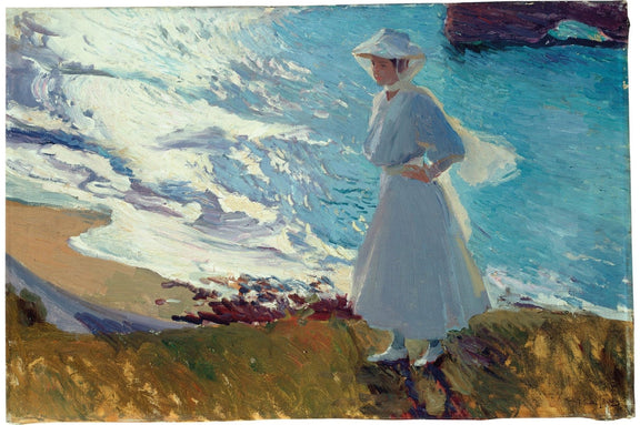 People Oil Painting - Woman in White by Ocean Waves Scene - Oil Painting Haven