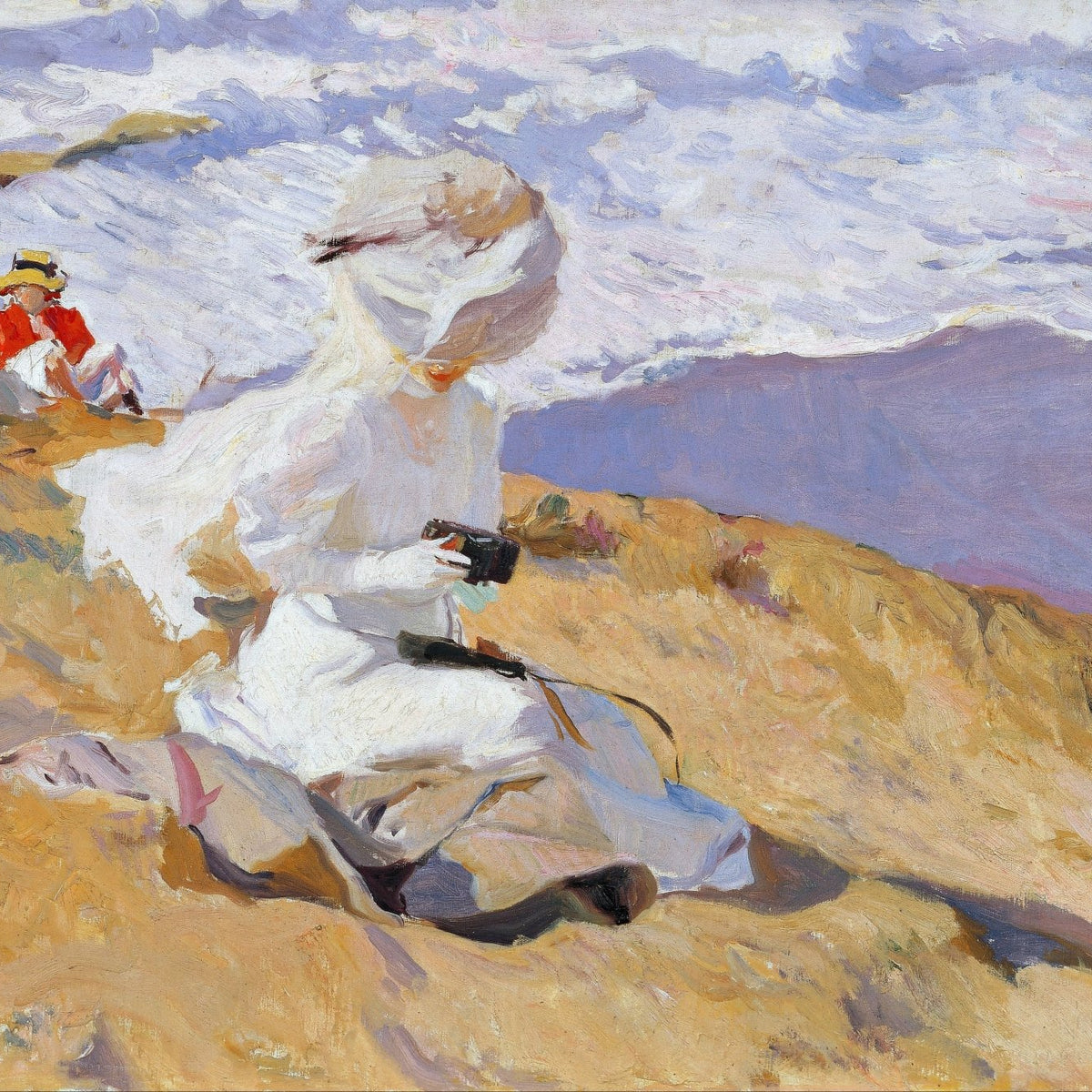 People Oil Painting - Woman in White on Sunlit Coastal Cliff - Oil Painting Haven