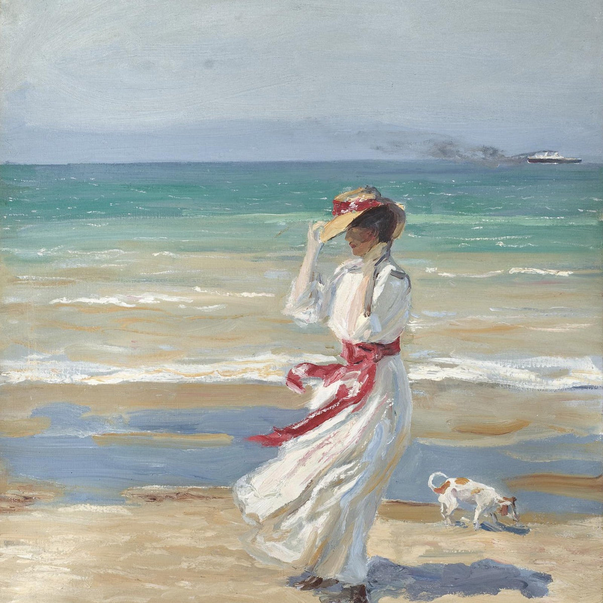 People Oil Painting - Woman in White Walking on Sunny Beach - Oil Painting Haven