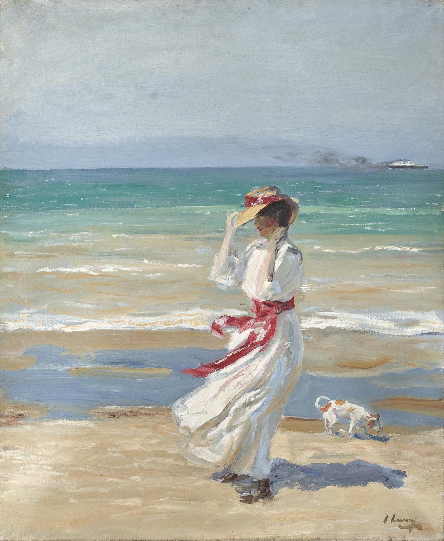 People Oil Painting - Woman in White Walking on Sunny Beach - Oil Painting Haven