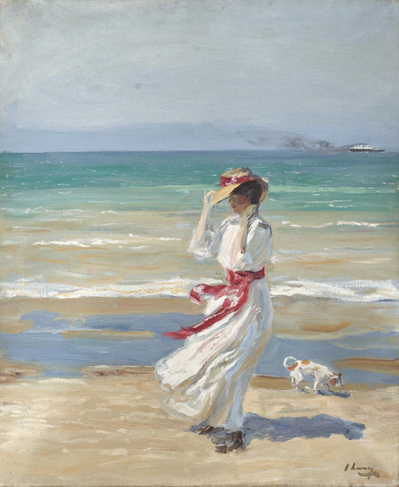 People Oil Painting - Woman in White Walking on Sunny Beach - Oil Painting Haven