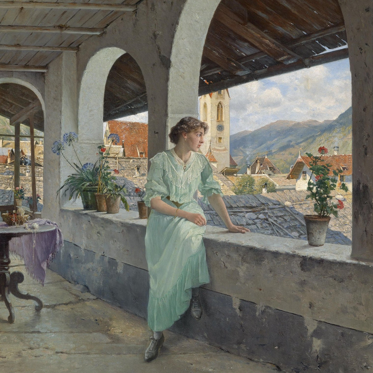 People Oil Painting - Woman on Balcony Overlooking Village - Oil Painting Haven