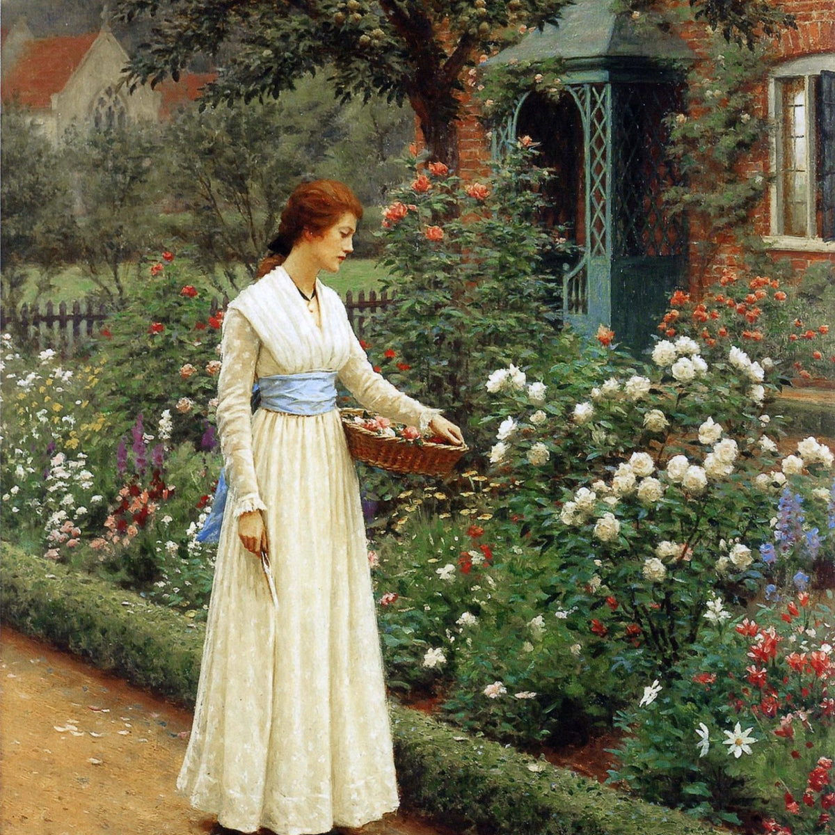 People Oil Painting - Woman Picking Flowers Cottage Garden - Oil Painting Haven