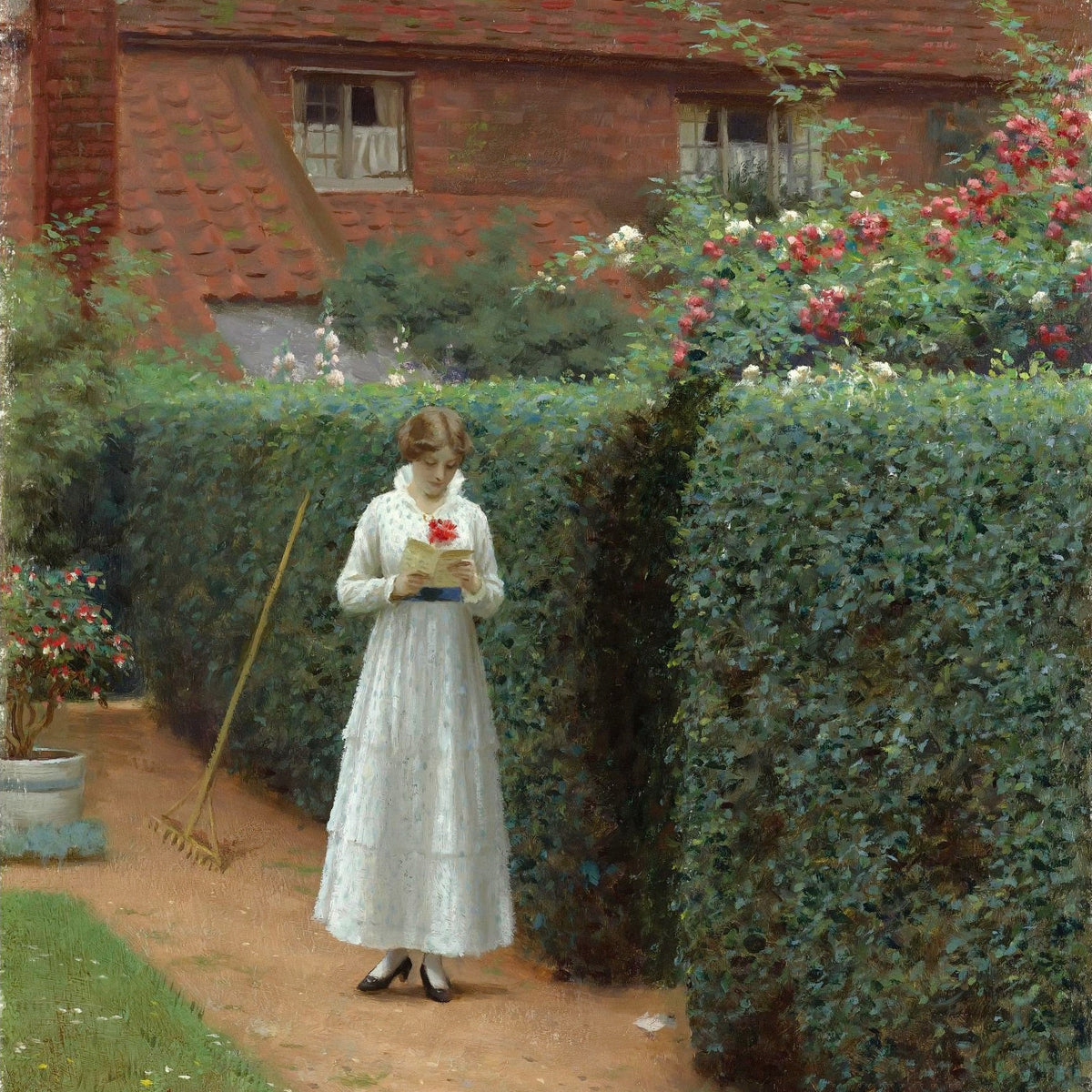 People Oil Painting - Woman Reading in Garden by Cottage - Oil Painting Haven