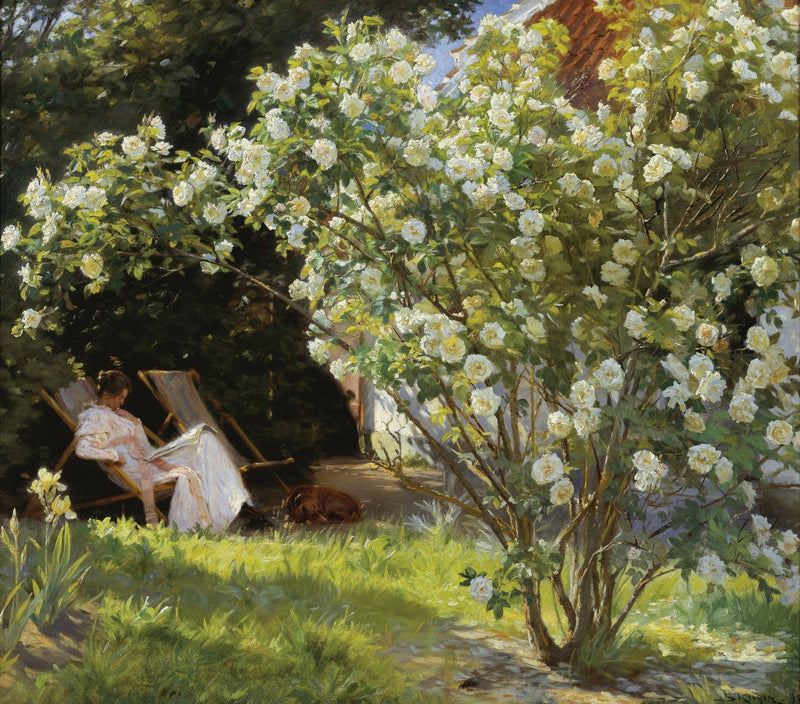 People Oil Painting - Woman Reading in Garden with White Roses - Oil Painting Haven