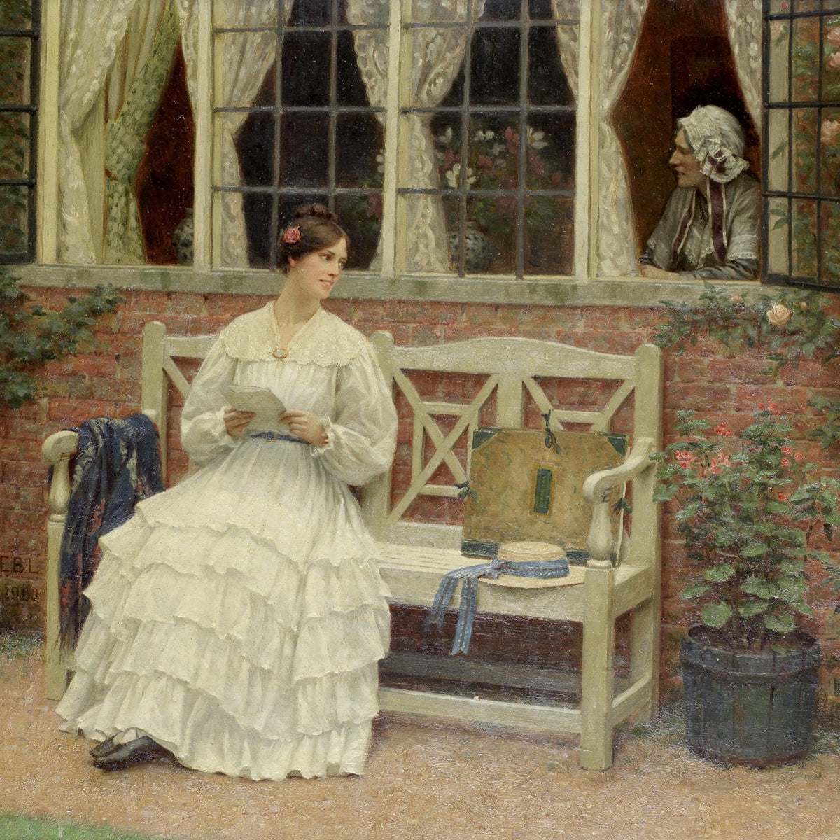 People Oil Painting - Woman Reading Letter in Garden Bench - Oil Painting Haven