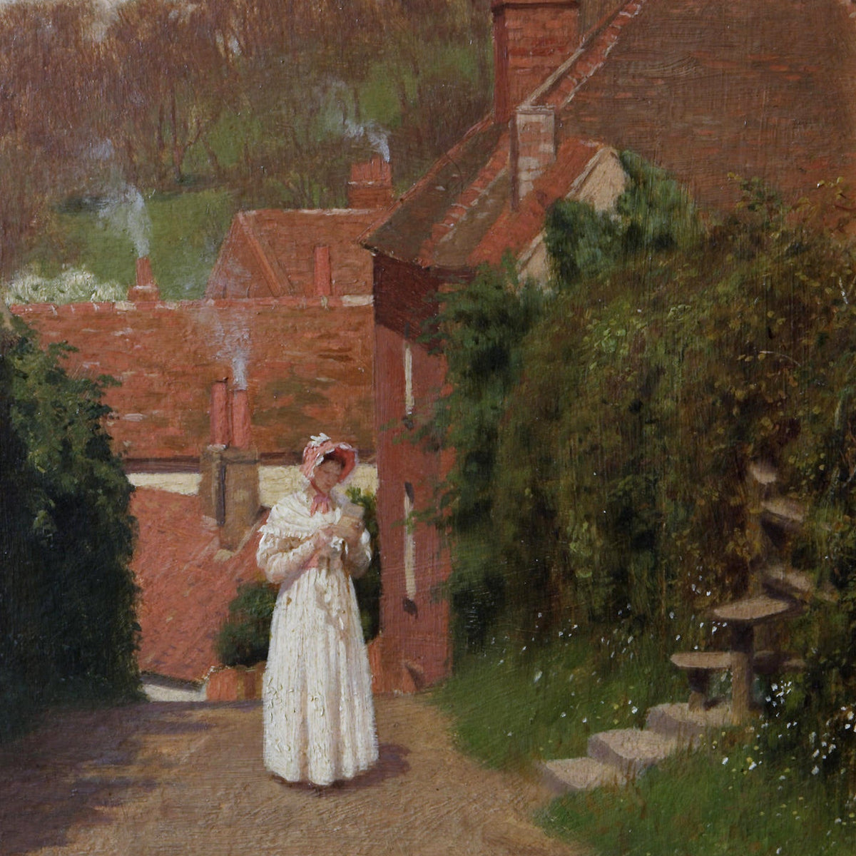People Oil Painting - Woman Reading on Village Path Scene - Oil Painting Haven