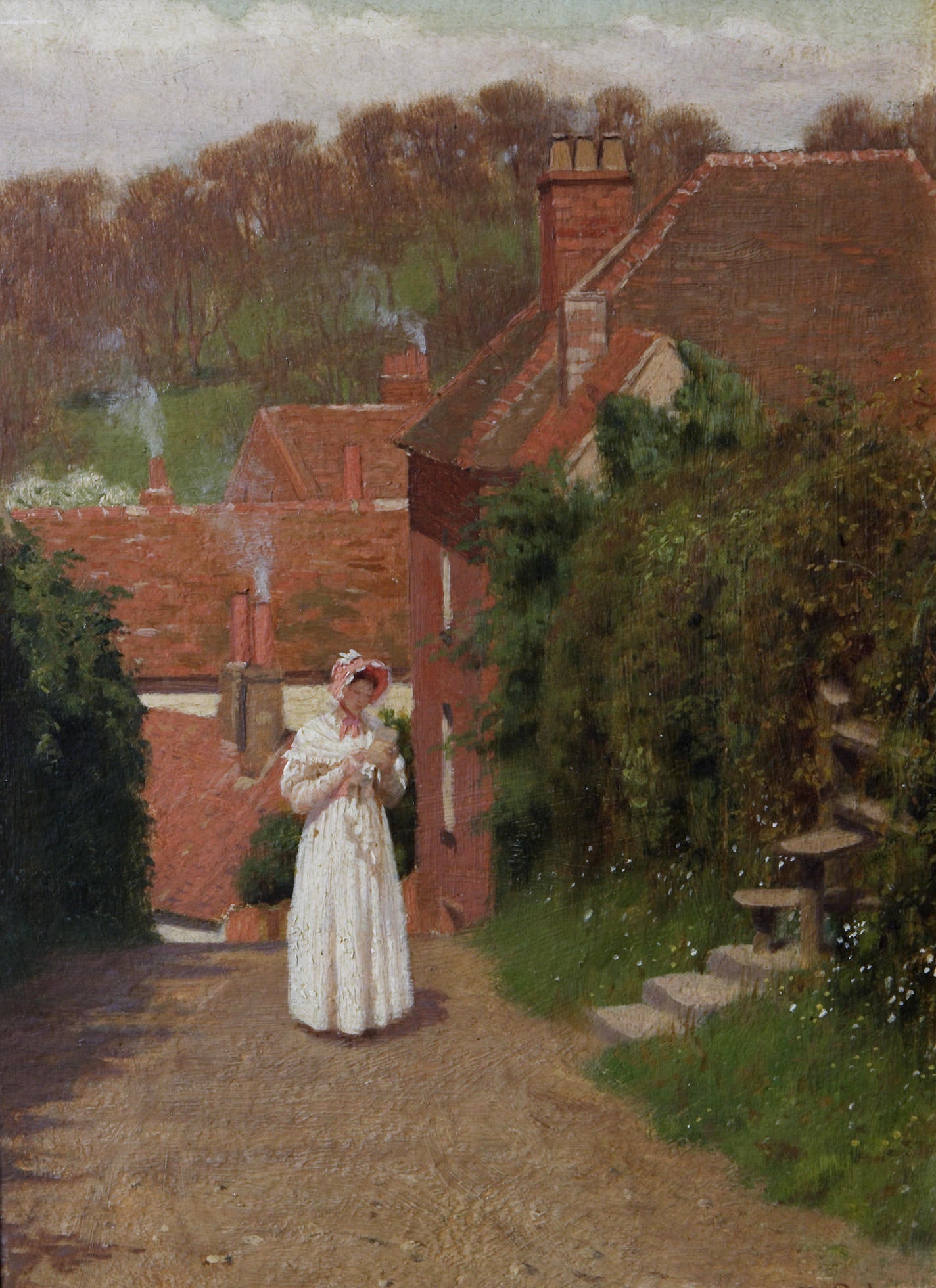 People Oil Painting - Woman Reading on Village Path Scene - Oil Painting Haven
