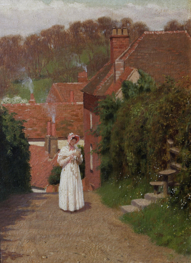 People Oil Painting - Woman Reading on Village Path Scene - Oil Painting Haven