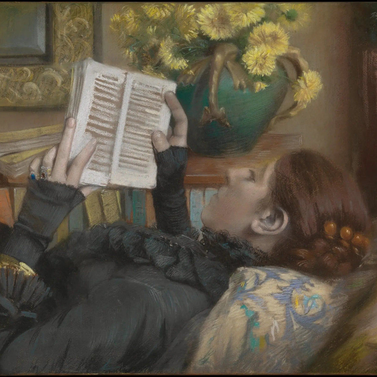People Oil Painting - Woman Reading with Floral Arrangement - Oil Painting Haven