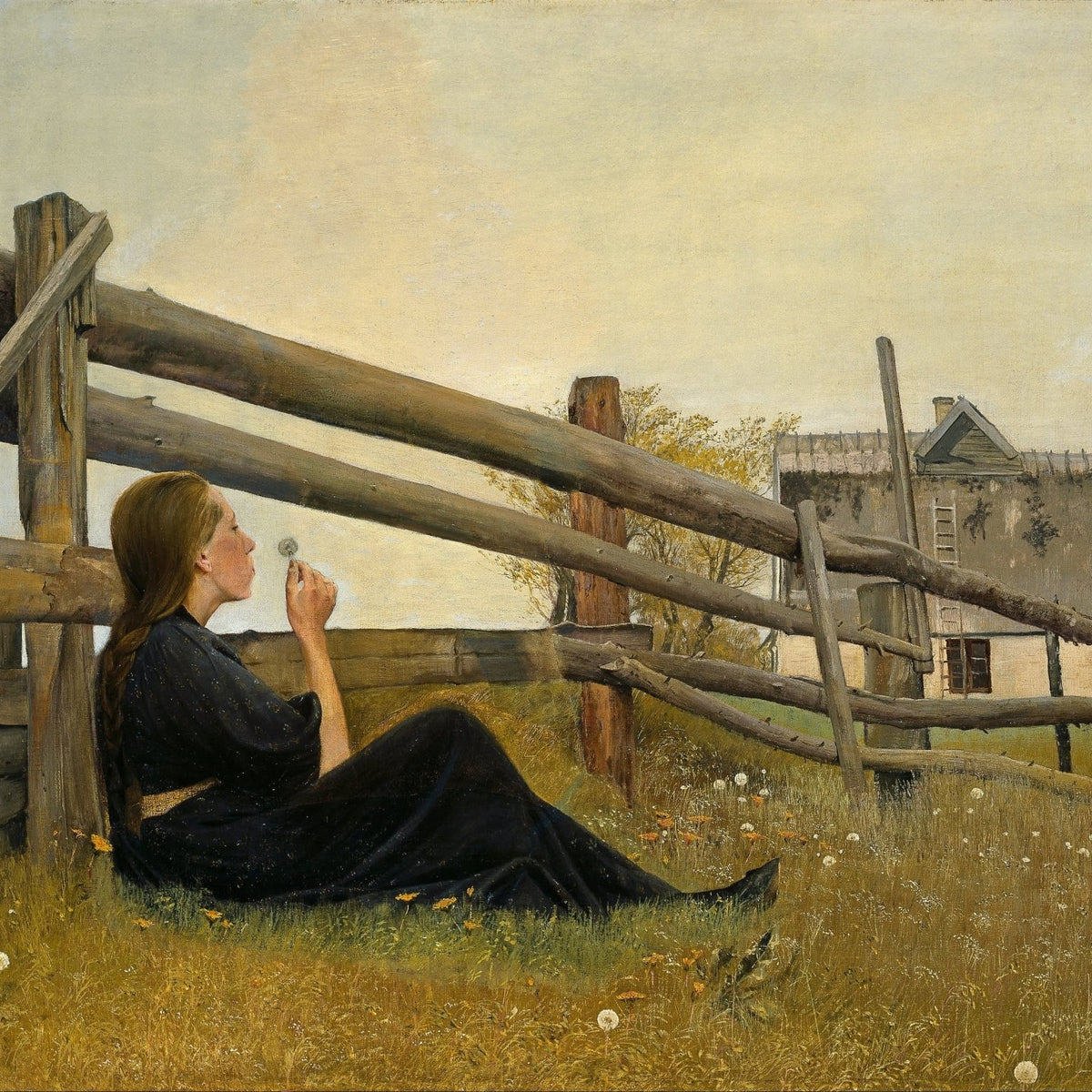 People Oil Painting - Woman Resting by Rustic Fence Scene - Oil Painting Haven