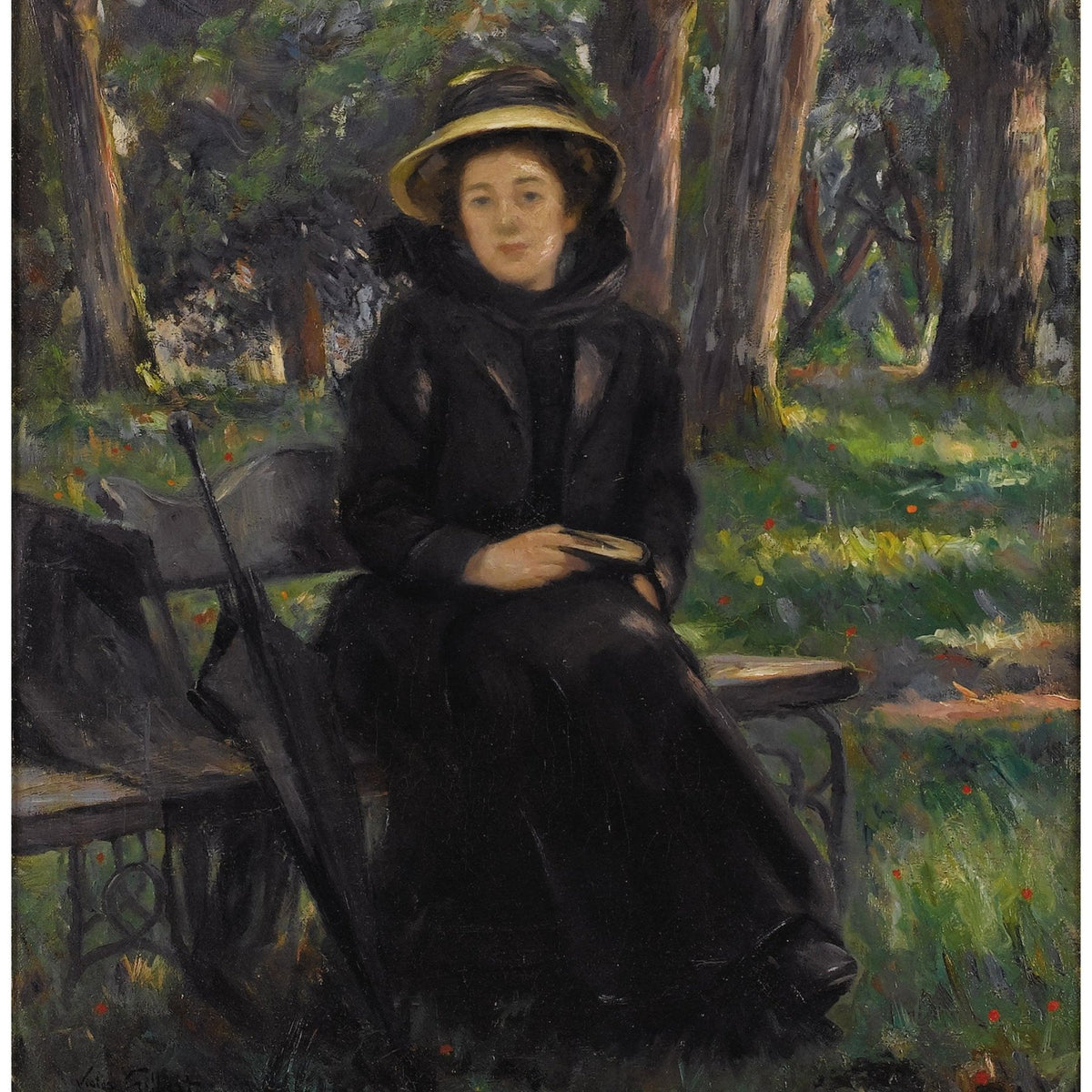 People Oil Painting - Woman Resting on Garden Bench Scene - Oil Painting Haven