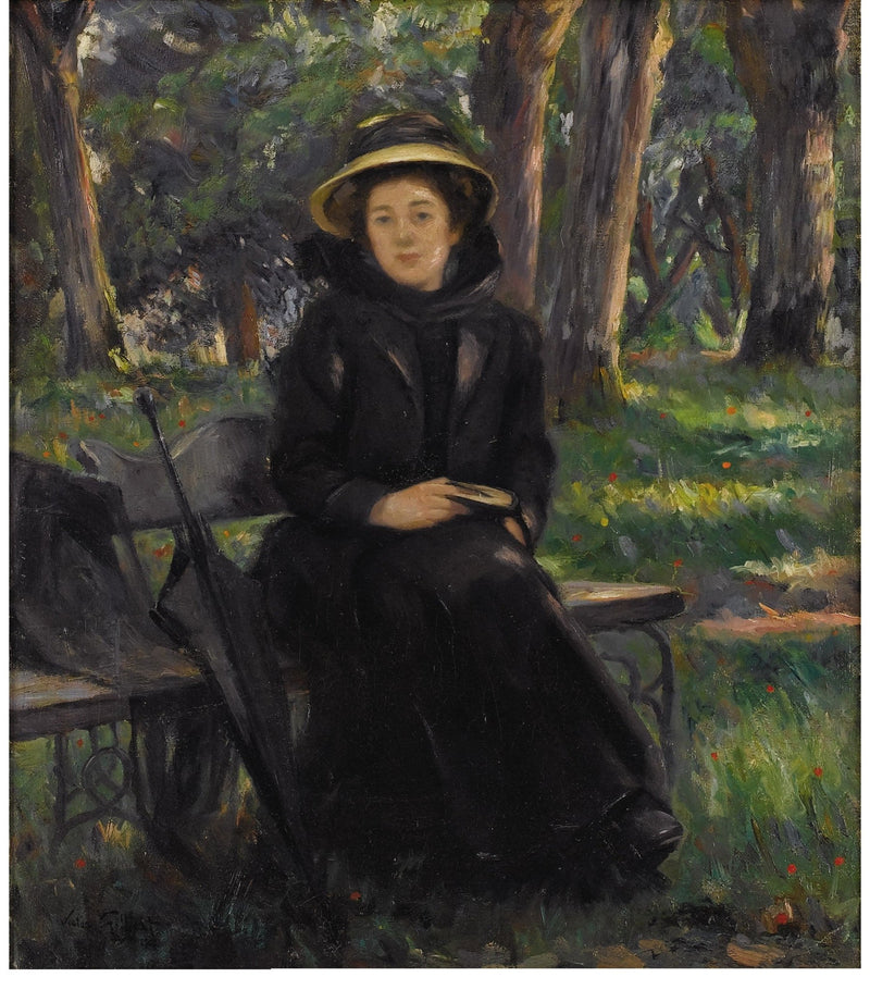 People Oil Painting - Woman Resting on Garden Bench Scene - Oil Painting Haven