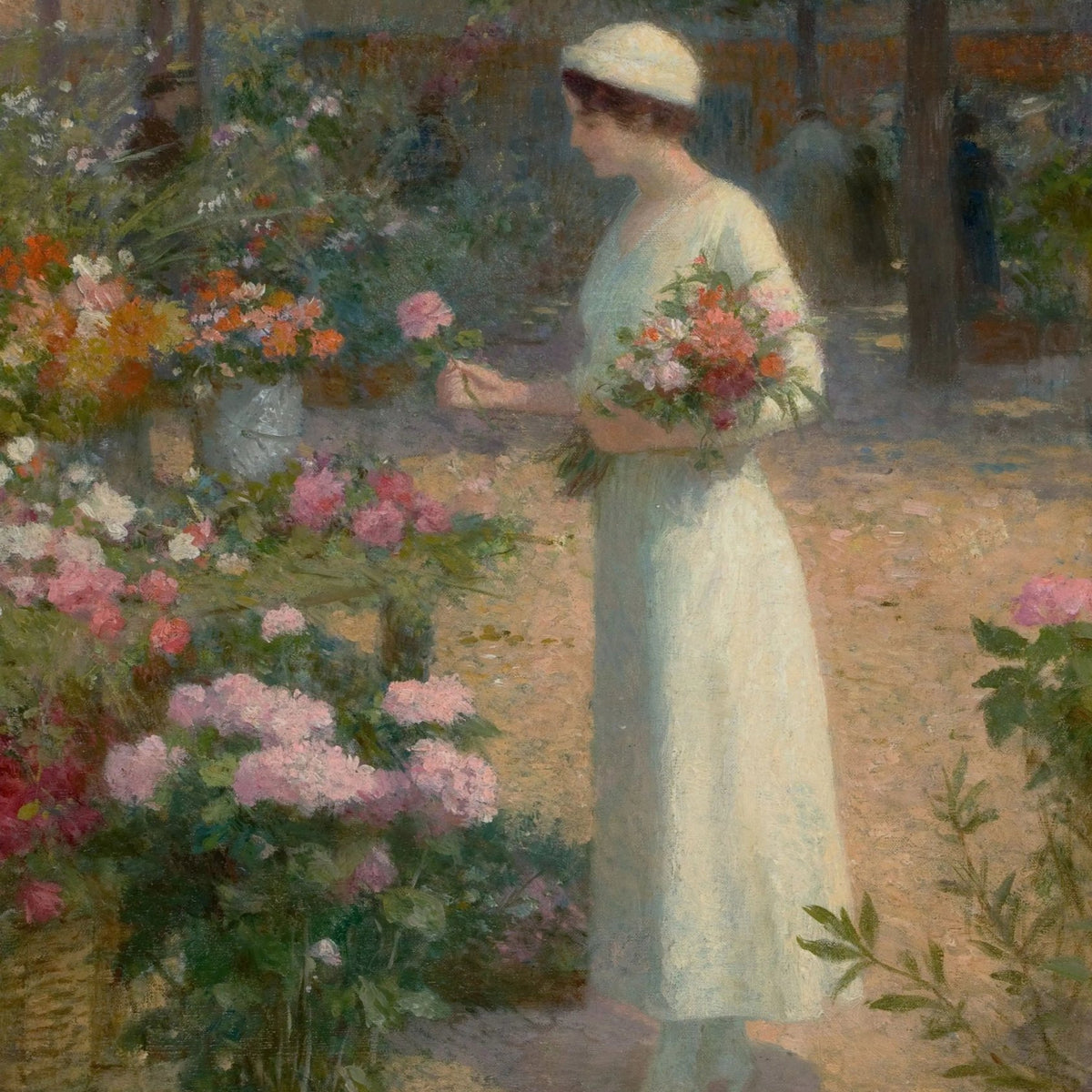 People Oil Painting - Woman Selecting Flowers at Market - Oil Painting Haven