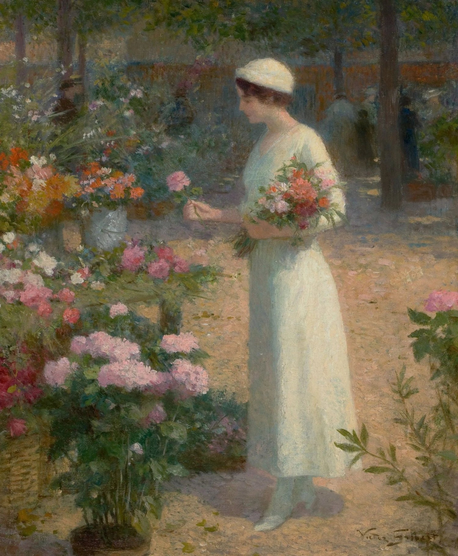 People Oil Painting - Woman Selecting Flowers at Market - Oil Painting Haven