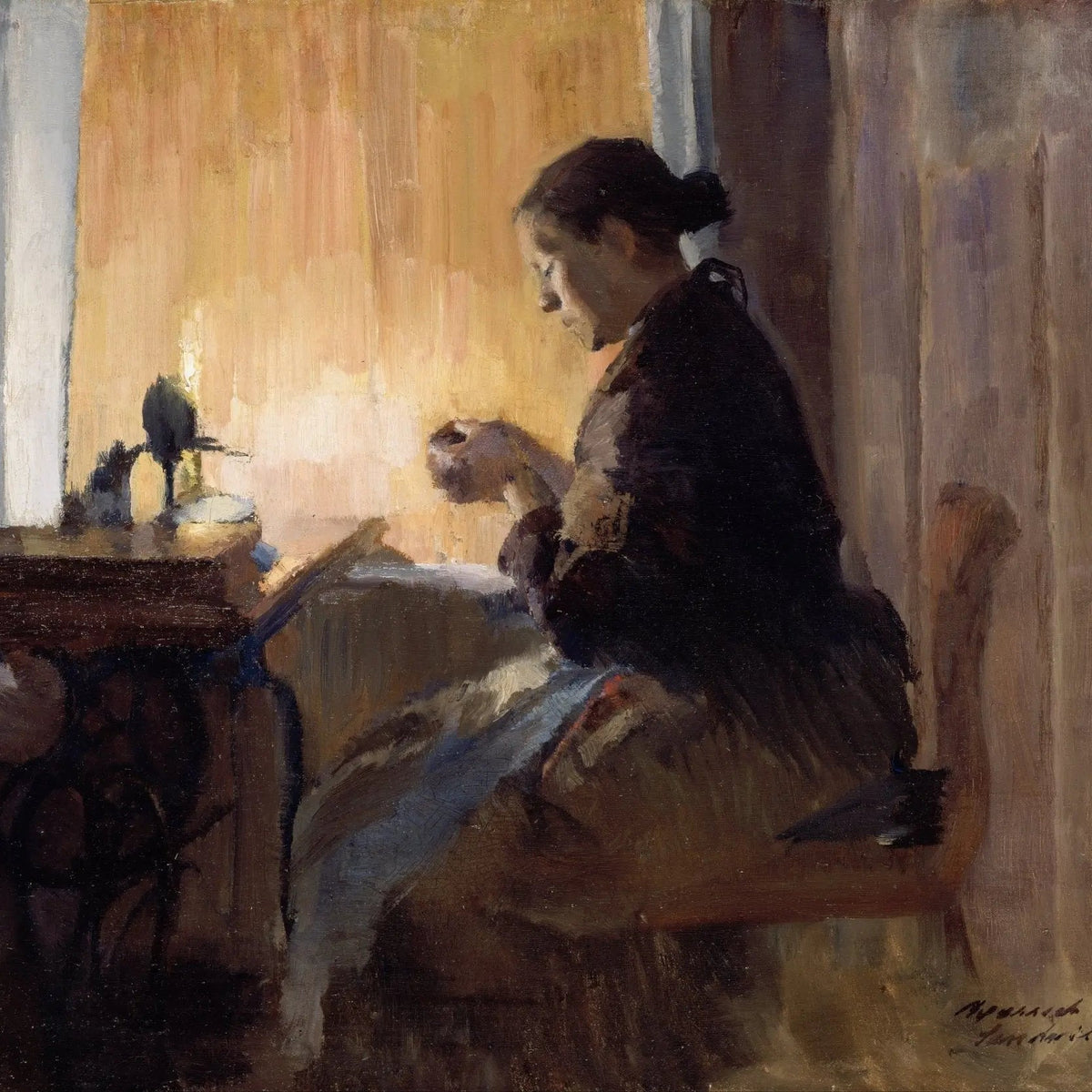 People Oil Painting - Woman Sewing by Candlelight - Oil Painting Haven