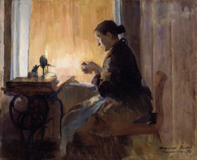 People Oil Painting - Woman Sewing by Candlelight - Oil Painting Haven