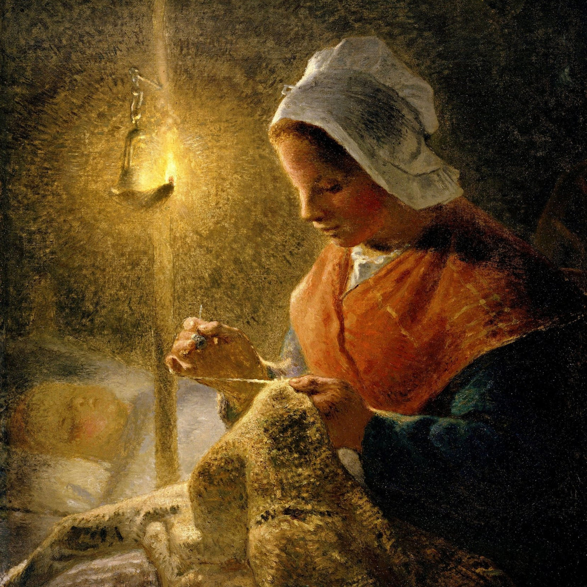 People Oil Painting - Woman Sewing by Lamplight Scene - Oil Painting Haven