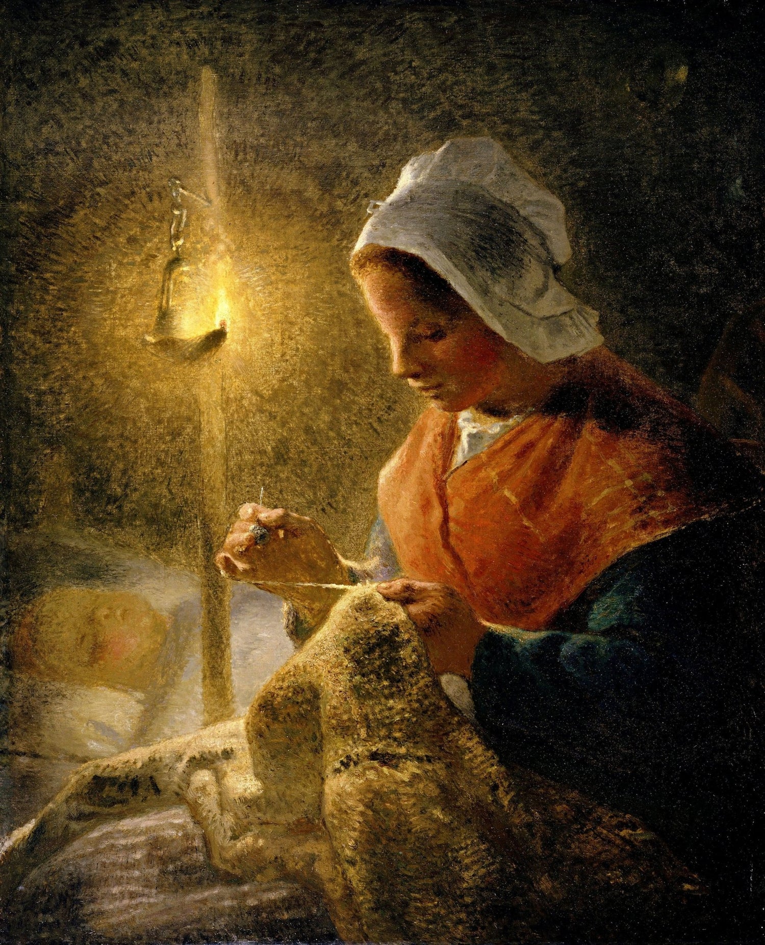 People Oil Painting - Woman Sewing by Lamplight Scene - Oil Painting Haven